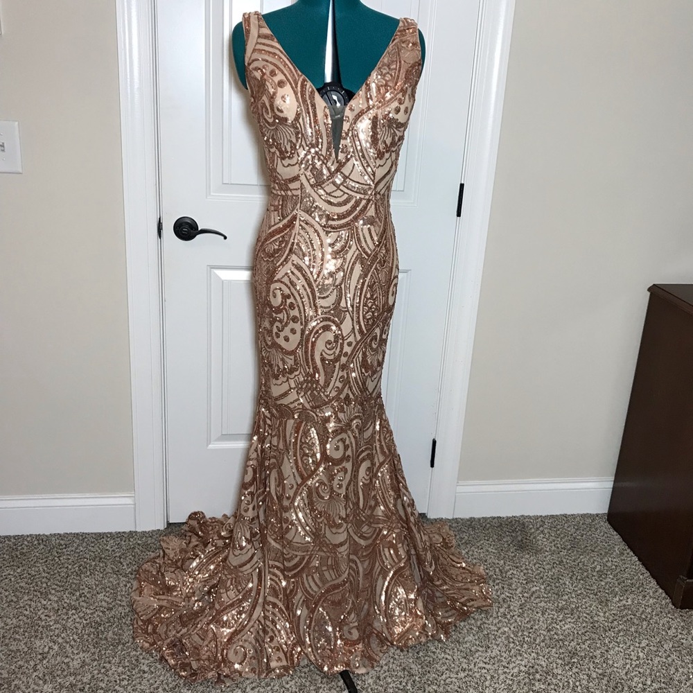 Rose gold formal gown prom dress with train